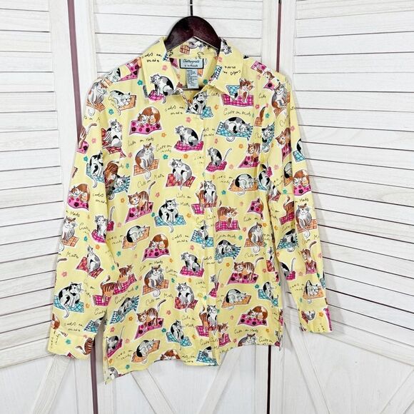 Chatterprintz Cats on Mats Button Up Shirt Yellow Small Long Sleeve - Picture 7 of 11